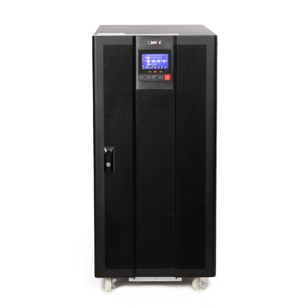 Image 1: “JV33-30 JAVAC UPS front view with LCD display” Image 2: “JV33-30 JAVAC UPS showing 3-phase connectivity and adjustable charging current” Image 3: “JV33-30 JAVAC UPS with compact design and green energy features”