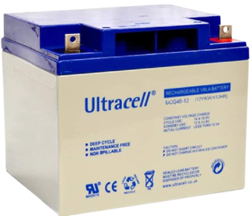 Ultracell Lead Acid Battery 12V 40Ah with a close-up view highlighting its design and features.