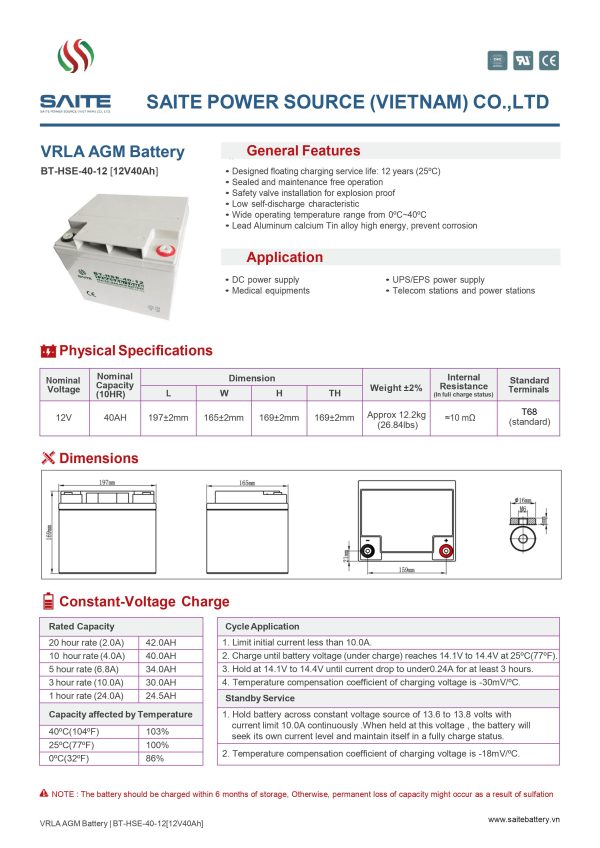 SAITE BT-HSE-40-12 Compatible Replacement Battery 12V 40Ah with F2 Terminals and durable lead acid design.