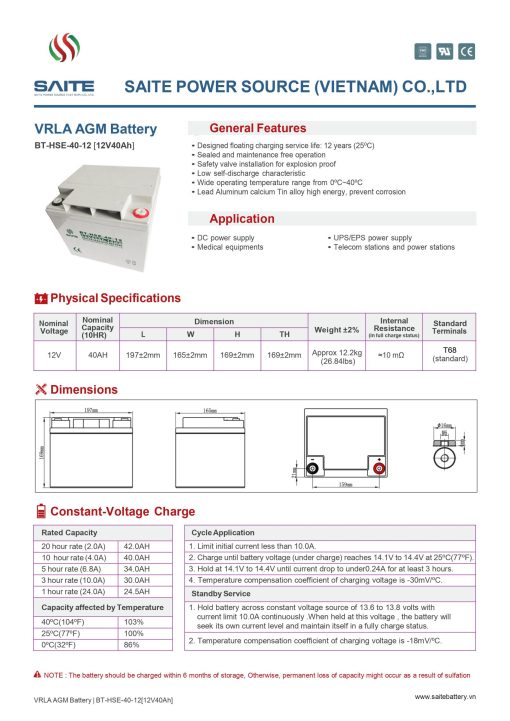 SAITE BT-HSE-40-12 Compatible Replacement Battery 12V 40Ah with F2 Terminals and durable lead acid design.