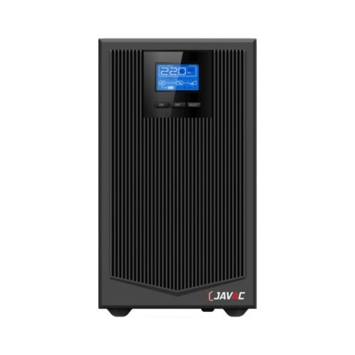 Image 1: “JAVAC 3000VA LCD Smart UPS front view with LCD display” Image 2: “JAVAC 3000VA UPS showing RS232, EPO, and USB ports” Image 3: “JAVAC 3000VA UPS with IEC sockets and CSB 9Ah batteries”