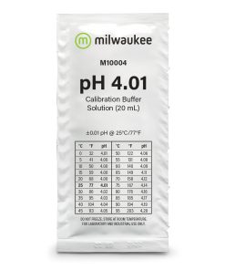 "Milwaukee M10004B pH 4.01 Calibration Solution Sachets" "Close-up of Milwaukee M10004B sachet packaging" "Milwaukee M10004B calibration solution in use"