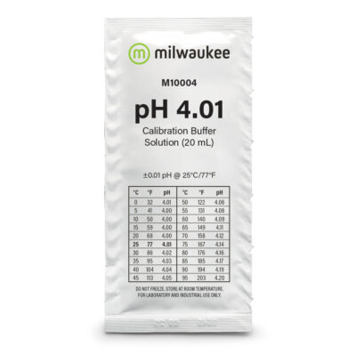 "Milwaukee M10004B pH 4.01 Calibration Solution Sachets" "Close-up of Milwaukee M10004B sachet packaging" "Milwaukee M10004B calibration solution in use"