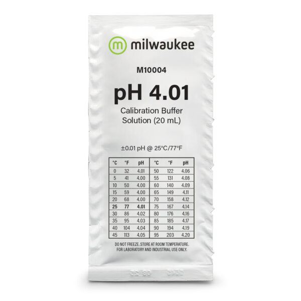 "Milwaukee M10004B pH 4.01 Calibration Solution Sachets" "Close-up of Milwaukee M10004B sachet packaging" "Milwaukee M10004B calibration solution in use"