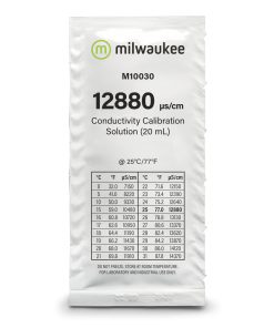 "Milwaukee M10030B 12880 µS/cm Conductivity Solution Sachets" "Close-up of Milwaukee M10030B sachet with temperature chart" "Milwaukee M10030B sachets used for conductivity meter calibration"