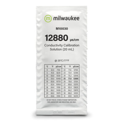 "Milwaukee M10030B 12880 µS/cm Conductivity Solution Sachets" "Close-up of Milwaukee M10030B sachet with temperature chart" "Milwaukee M10030B sachets used for conductivity meter calibration"