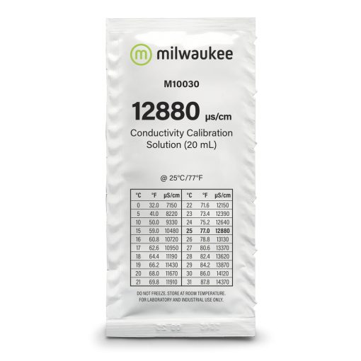 "Milwaukee M10030B 12880 µS/cm Conductivity Solution Sachets" "Close-up of Milwaukee M10030B sachet with temperature chart" "Milwaukee M10030B sachets used for conductivity meter calibration"