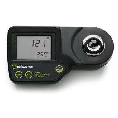 "Milwaukee MA871 Digital Brix Refractometer for Accurate Sugar Measurement" "Close-up of Milwaukee MA871 refractometer display" "Milwaukee MA871 refractometer in use for measuring sugar content"