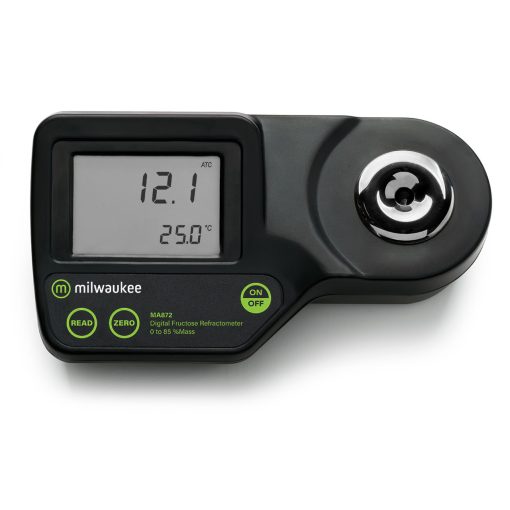 "Milwaukee MA872 Digital Refractometer for Fructose Measurement" "Close-up of Milwaukee MA872 refractometer display" "Milwaukee MA872 refractometer in use for fructose testing"