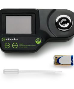 "Milwaukee MA873 Digital Refractometer for Glucose Measurement" "Close-up of Milwaukee MA873 refractometer display" "Milwaukee MA873 refractometer in use for glucose testing"