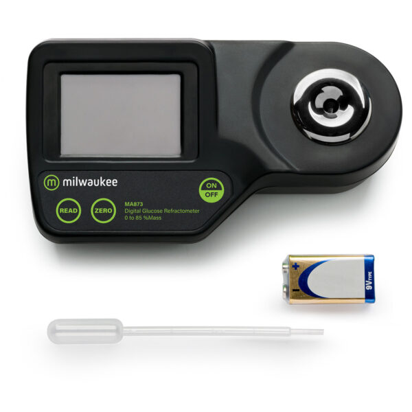 "Milwaukee MA873 Digital Refractometer for Glucose Measurement" "Close-up of Milwaukee MA873 refractometer display" "Milwaukee MA873 refractometer in use for glucose testing"