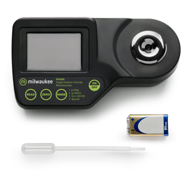 "Milwaukee MA886 Digital Refractometer for Sodium Chloride Measurement" "Close-up of Milwaukee MA886 refractometer display" "Milwaukee MA886 refractometer in use for food testing"