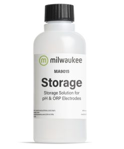 "Milwaukee MA9015 Storage Solution for pH and ORP Electrodes" "Close-up of Milwaukee MA9015 storage solution bottle" "Milwaukee MA9015 solution used for electrode storage"