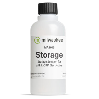 "Milwaukee MA9015 Storage Solution for pH and ORP Electrodes" "Close-up of Milwaukee MA9015 storage solution bottle" "Milwaukee MA9015 solution used for electrode storage"