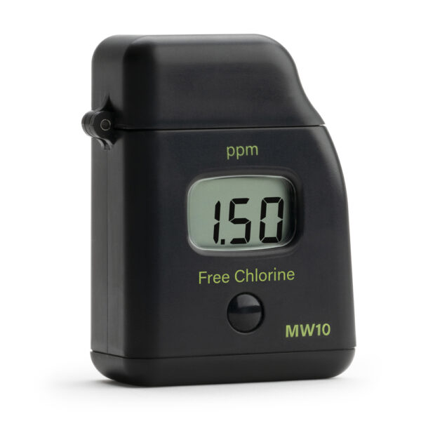 "Milwaukee MW10 Digital Free Chlorine Tester for Accurate Water Measurement" "Close-up of Milwaukee MW10 digital display" "Milwaukee MW10 free chlorine tester in use for water testing"