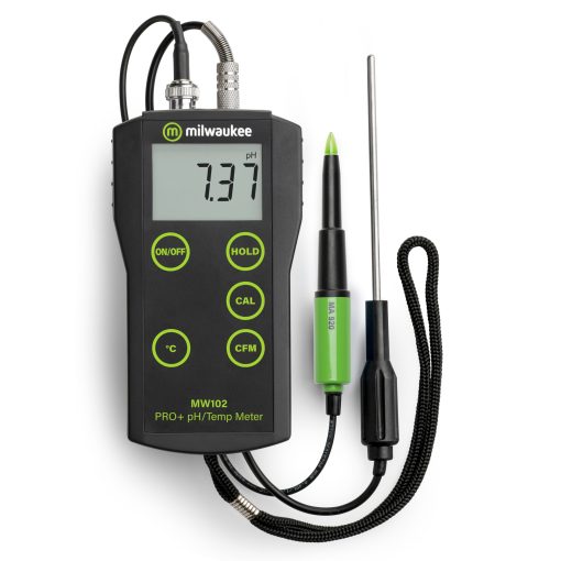 "Milwaukee MW102-FOOD PRO+ pH and Temperature Meter" "Food-grade pH electrode with PVDF body" "Rugged stainless steel temperature probe"