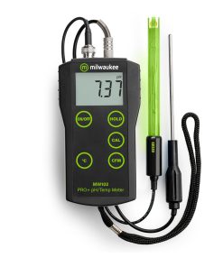 "Milwaukee MW102 PRO+ pH & Temperature Meter with ATC" "Lab-Grade pH Electrode for Milwaukee MW102 PRO+" "Milwaukee MW102 PRO+ in use with temperature probe"