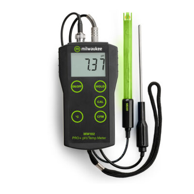 "Milwaukee MW102 PRO+ pH & Temperature Meter with ATC" "Lab-Grade pH Electrode for Milwaukee MW102 PRO+" "Milwaukee MW102 PRO+ in use with temperature probe"