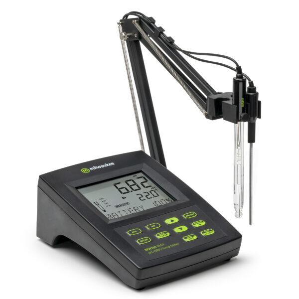 "Milwaukee MW150 MAX Bench Meter for pH, ORP, and Temperature" "Dual-Level LCD Display on the MW150 MAX Bench Meter" "MW150 MAX with Refillable pH Electrode and Temperature Probe"