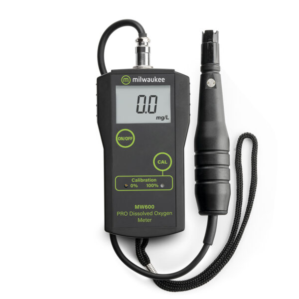 "Milwaukee MW600 PRO Dissolved Oxygen Meter with large LCD display" "Close-up of Milwaukee MW600 PRO probe and membrane" "Milwaukee MW600 PRO meter in use for dissolved oxygen measurement"