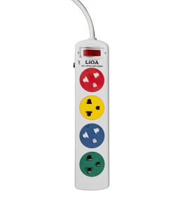 "LiOA High Quality 4SNW Power Strip - Front View" "Close-up of the 4 dual output sockets on the LiOA 4SNW Power Strip" "LiOA 4SNW Power Strip circuit breaker and safety features"