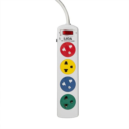 "LiOA High Quality 4SNW Power Strip - Front View" "Close-up of the 4 dual output sockets on the LiOA 4SNW Power Strip" "LiOA 4SNW Power Strip circuit breaker and safety features"