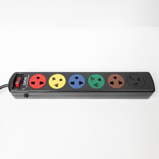 "LiOA 6SND Power Strip with 6 Sockets and Surge Protection" "Close-up of LiOA 6SND Power Strip Circuit Breaker" "LiOA 6SND Power Strip in Use with Multiple Devices"