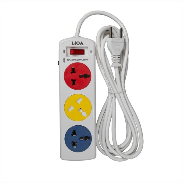 "LiOA Universal Power Strip 3DNW3 with 3 Sockets" "Close-up of LiOA 3DNW3 Power Strip Circuit Breaker" "LiOA 3DNW3 Power Strip Installed with Screws"