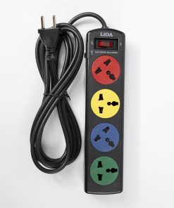 "LiOA Universal High Quality 4DND Power Strip - Black - Front View" "Close-up of the 4 sockets on the LiOA 4DND Power Strip" "LiOA 4DND Power Strip showing circuit breaker and safety features"