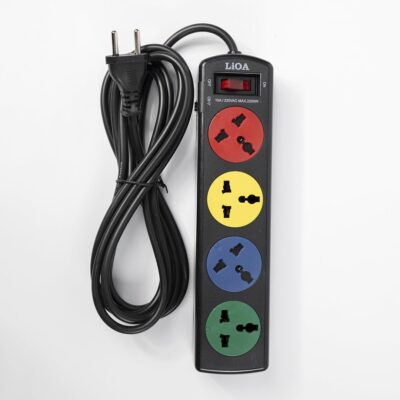 "LiOA Universal High Quality 4DND Power Strip - Black - Front View" "Close-up of the 4 sockets on the LiOA 4DND Power Strip" "LiOA 4DND Power Strip showing circuit breaker and safety features"