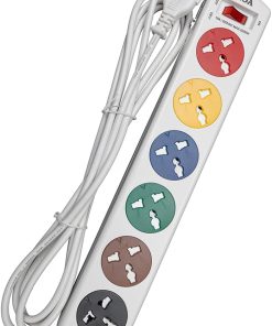 "LiOA 6DNW Universal Power Strip with 6 Sockets in White" "LiOA 6DNW Power Strip Close-up of Circuit Breaker and Sockets" "LiOA 6DNW Power Strip with 3-meter PVC Cable in Use"