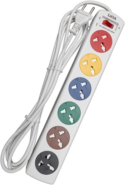 "LiOA 6DNW Universal Power Strip with 6 Sockets in White" "LiOA 6DNW Power Strip Close-up of Circuit Breaker and Sockets" "LiOA 6DNW Power Strip with 3-meter PVC Cable in Use"