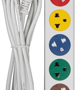 "LiOA 6SNW Power Strip with 6 Sockets, 2200W Capacity, and Circuit Breaker" "Close-up of LiOA 6SNW Power Strip Sockets and Circuit Breaker" "LiOA 6SNW Power Strip in Use with Multiple Devices"