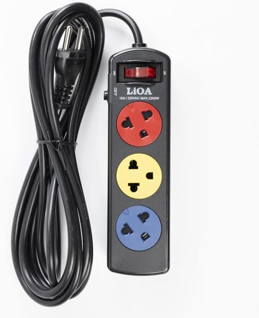 "LiOA High Quality 3SND3 Power Strip with Dual Sockets" "Close-up of LiOA 3SND3 Power Strip Circuit Breaker and Indicator" "LiOA 3SND3 Power Strip in use with multiple devices"