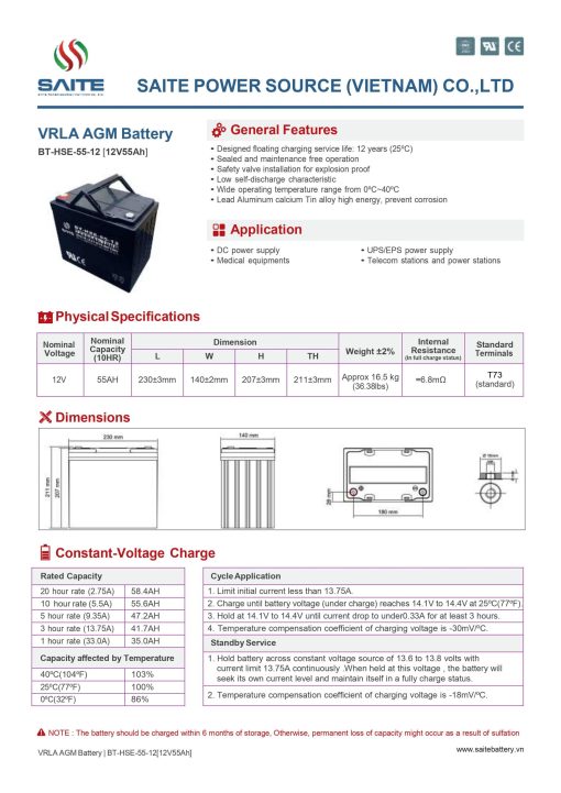 SAITE BT-HSE-55-12 Compatible Replacement Battery 12V55Ah