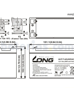 Alternative view of WP7-12 LONG Lead Acid Battery 12V 7Ah
