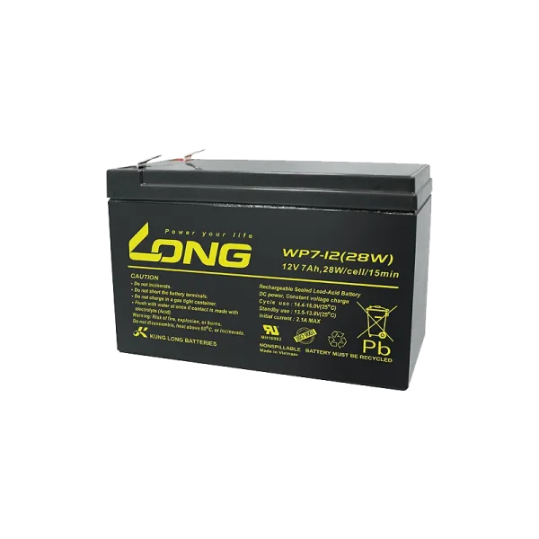 WP7-12 LONG Lead Acid Battery 12V 7Ah front view WP7-12 LONG Battery dimensions and specifications