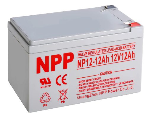 "NPP NP12-12Ah Lead Acid Battery, 12V 12Ah Front View"