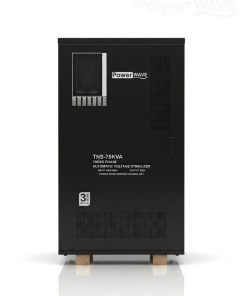 Power Wave TNS-75KVA three phase automatic voltage stabilizer front view matte black finish with digital display and 3-year warranty.